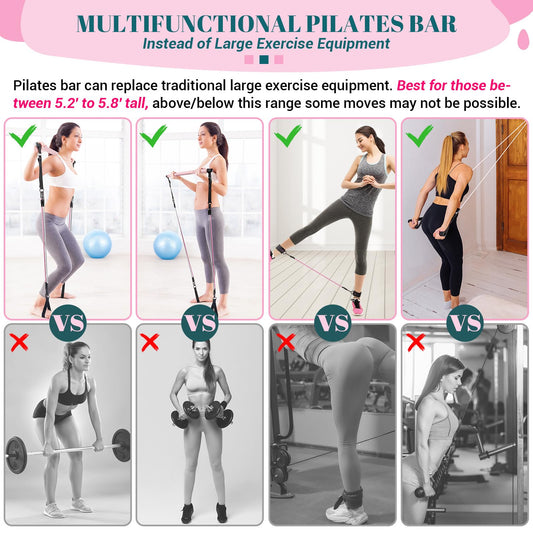 Pilates Bar Kit with Resistance Bands, Multifunctional Yoga Pilates Bar with Heavy-Duty Metal Adjustment Buckle, Portable Home Gym Pilates Resistance Bar for Women Full Body Workouts(20-150LBS)-Pink