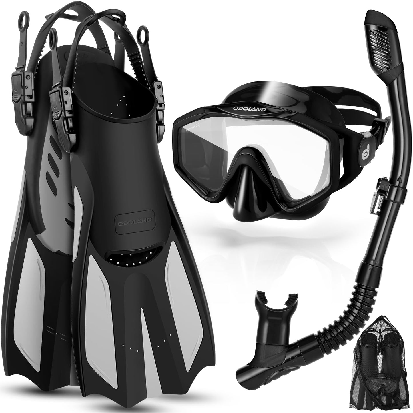 Odoland Snorkel Set, Snorkeling Packages with Dry Top Diving Mask, Adjustable Swim Fins, Mesh Bag, Anti-Fog Anti-Leak Snorkeling Gear for Men Women Adult, Black L/XL