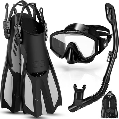 Odoland Snorkel Set, Snorkeling Packages with Dry Top Diving Mask, Adjustable Swim Fins, Mesh Bag, Anti-Fog Anti-Leak Snorkeling Gear for Men Women Adult, Black L/XL