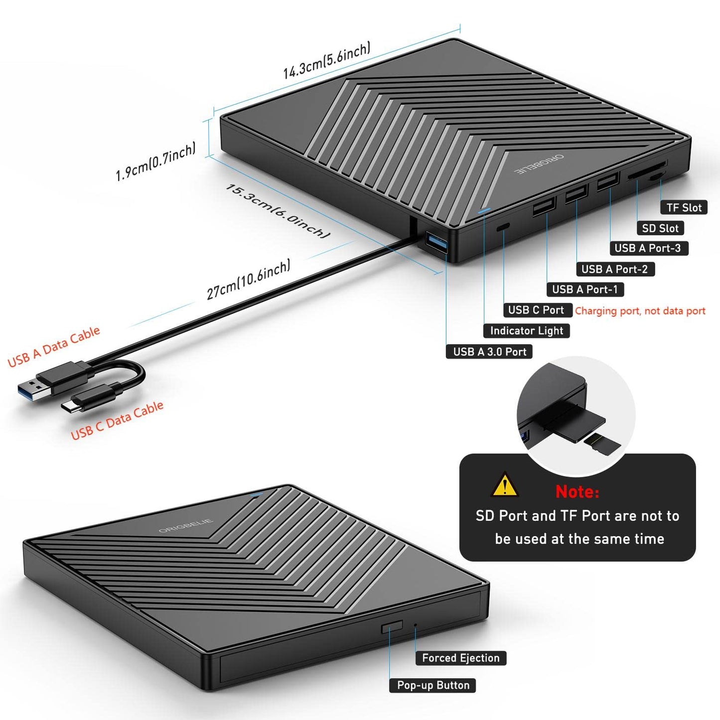 ORIGBELIE External CD DVD Drive, Ultra Slim CD Burner USB 3.0 with 4 USB Ports and 2 TF/SD Card Slots, Optical Disk Drive for Laptop Mac, PC Windows 11/10/8/7 Linux OS