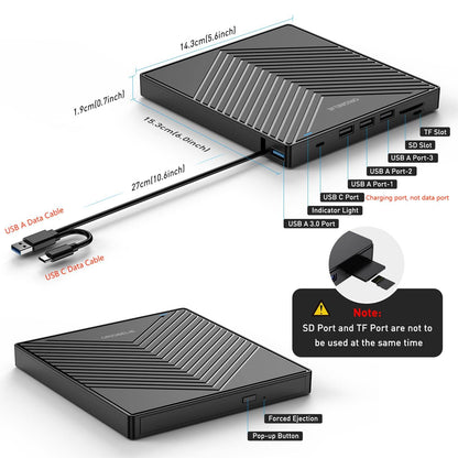 ORIGBELIE External CD DVD Drive, Ultra Slim CD Burner USB 3.0 with 4 USB Ports and 2 TF/SD Card Slots, Optical Disk Drive for Laptop Mac, PC Windows 11/10/8/7 Linux OS
