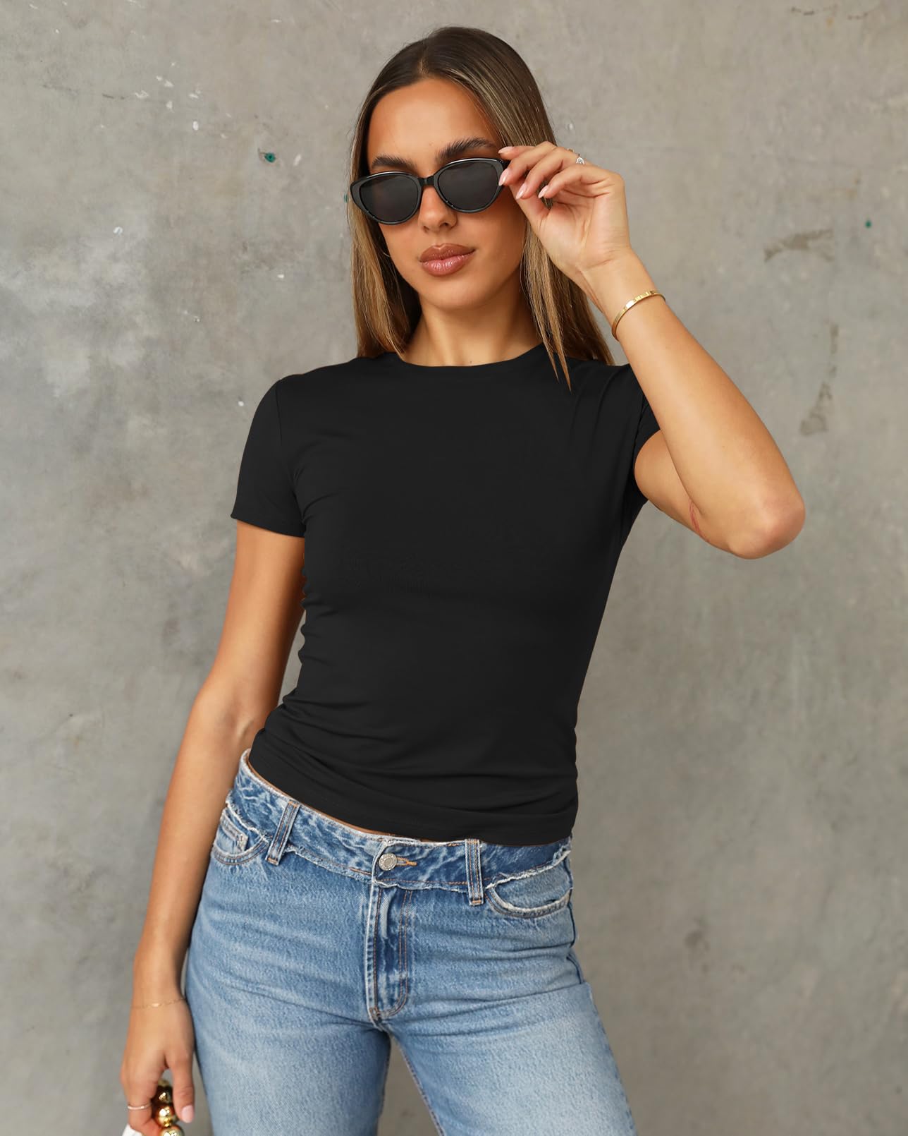 Abardsion Women's Casual Basic Going Out Crop Tops Slim Fit Short Sleeve Crew Neck Tight T Shirts 2025 (Black, S)