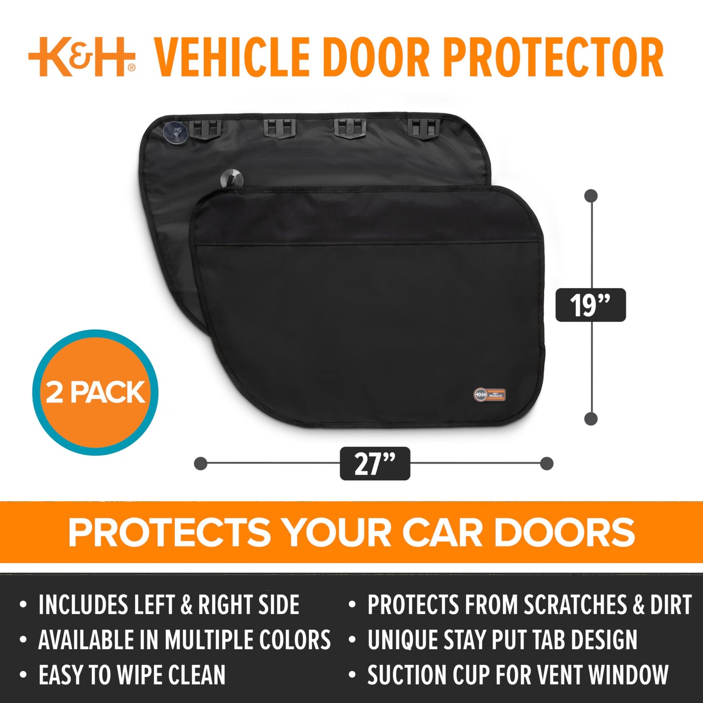 K&H Pet Products Car Door Protector for Dogs, 2 Pack Waterproof Interior Pet Car Door Protector from Dog Scratching, Stay Put Cover Design, Fits Most Vehicles, Washable - 27 x 19in Black