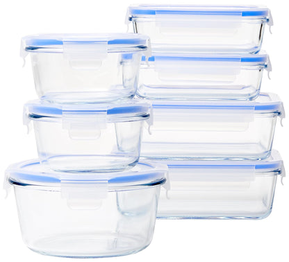 Amazon Basics Leak-Proof Glass Locking Lids Food Storage Containers, 14-Piece Set, 7 Count of Bases and 7 Plastic Lids, Clear, Blue, BPA Free