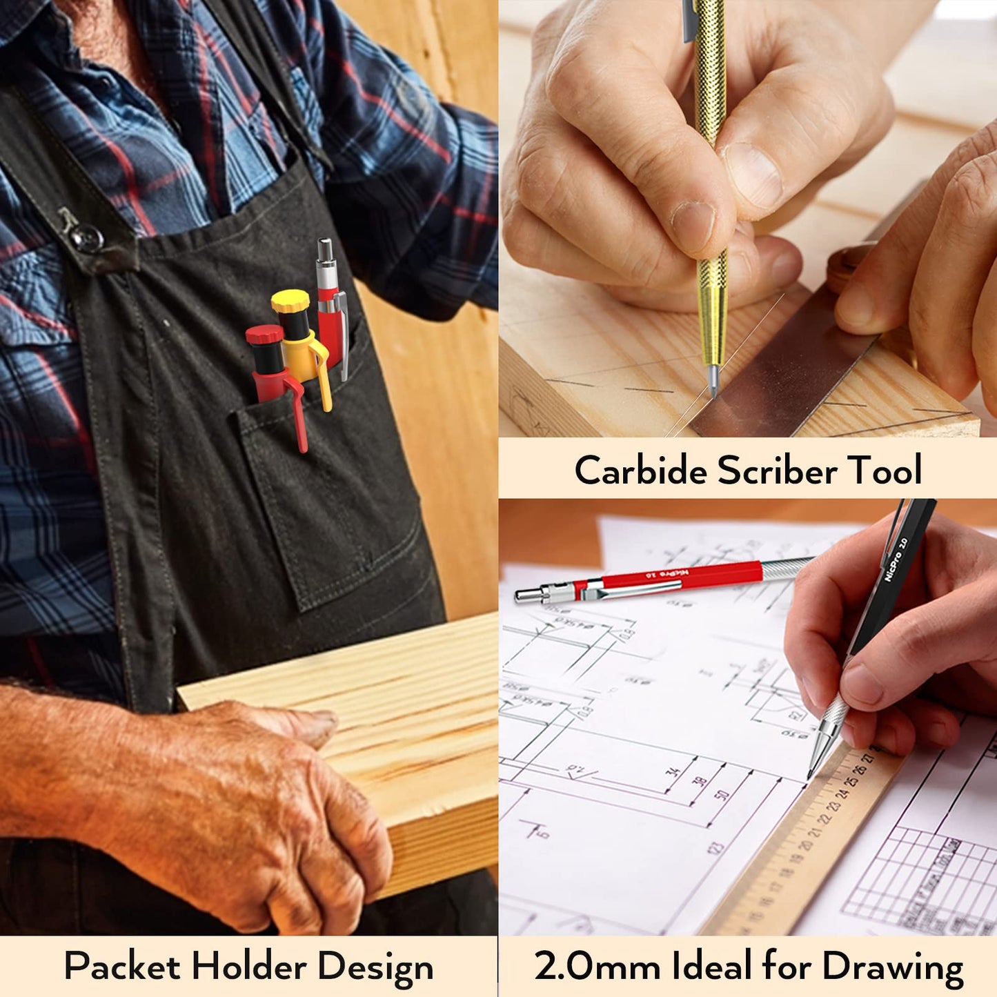 Nicpro 18 Pack Carpenter Pencil Set with Sharpener, Mechanical Carpenter Pencils with 76 Refills and Carbide Scribe Tool, Deep Hole Marker, Heavy Duty Construction Pencil for Architect-With Case