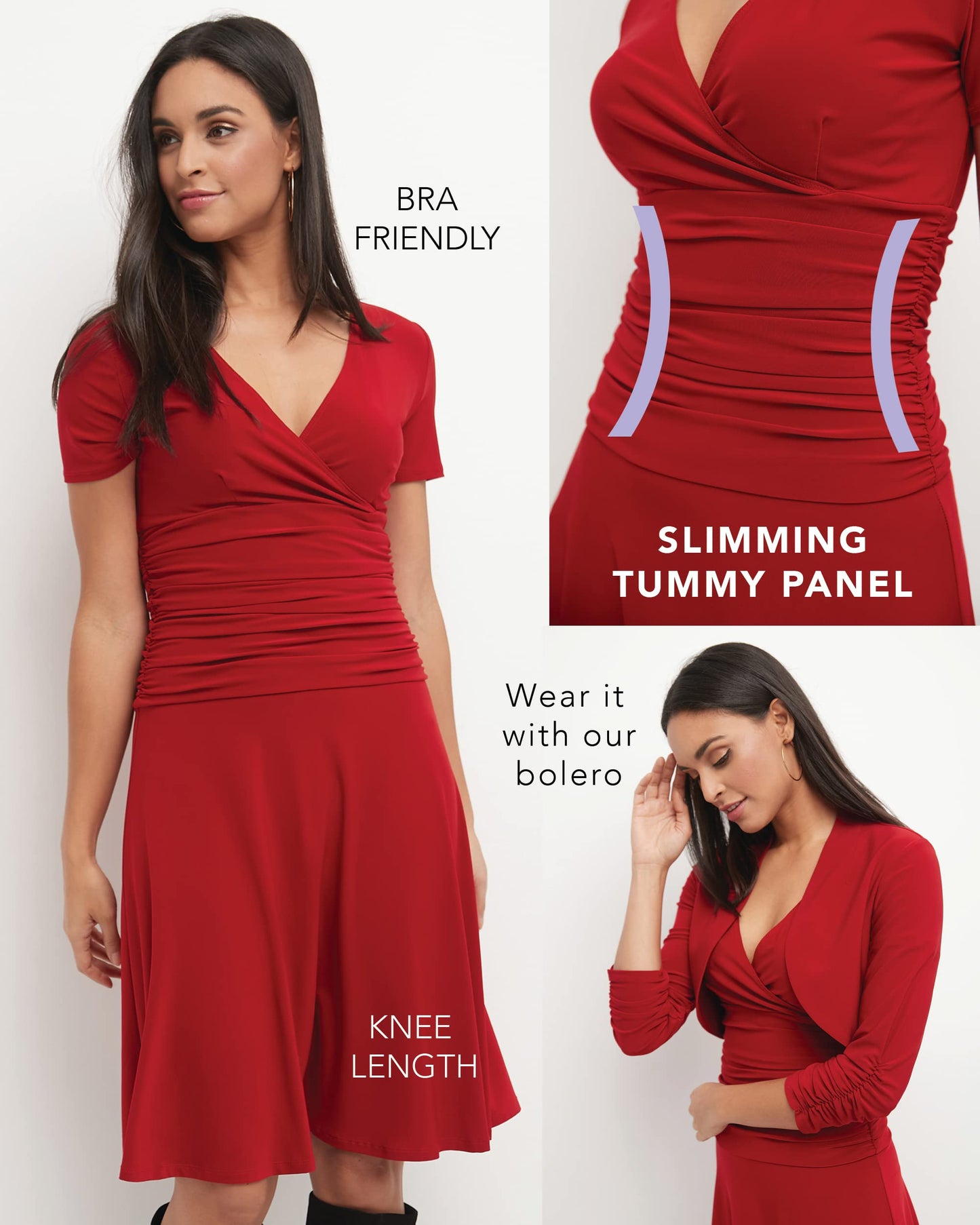 Rekucci Women's Slimming Short Sleeve Fit-N-Flare Crossover Tummy Control Dress (8 Short, Navy)