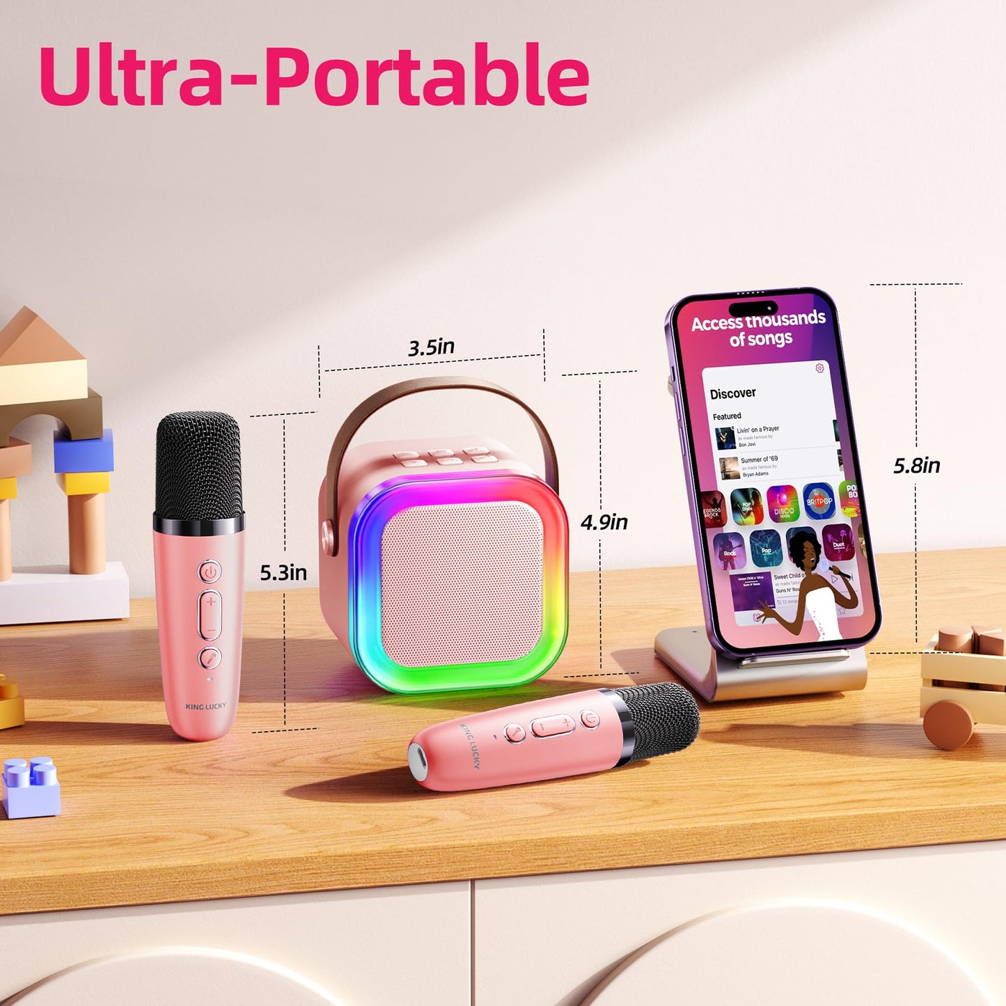 Kinglucky Mini Karaoke Machine for Kids, 2025 TOP Birthday Gifts Ideas for 3-12 Year Old Girls, Christmas Party Gifts Kids' Personal Video Players Accessories with 2 Wireless Microphones - Pink