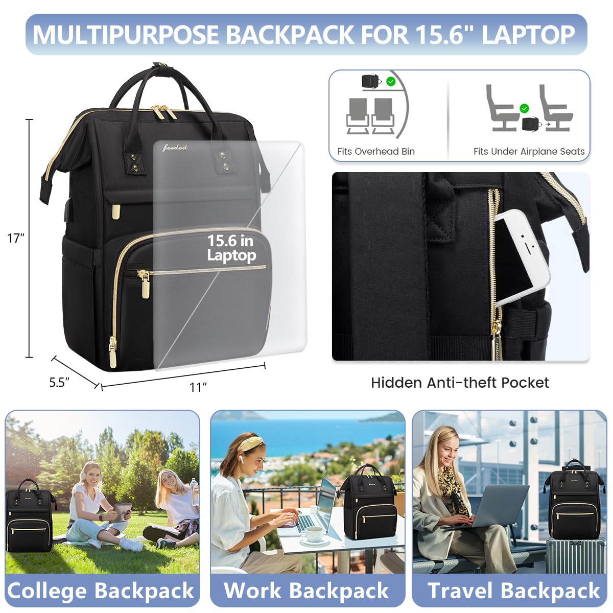 Focdod Women Laptop Backpack Teacher Bags: 17.3 Inch Nurse Computer Backpack with USB Port Work Bag Stylish Travel Daypack Bookbag Waterproof for Business Woman Gifts BLACK