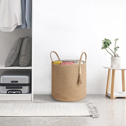 Mkono Tall Wicker Laundry Basket Woven Storage Basket Decorative Natural Rope Basket Wooden Bead Decoration for Blankets,Toys,Clothes,Shoes,Plant Organizer Bin with Handles Living Room 15" Wx17.7 L