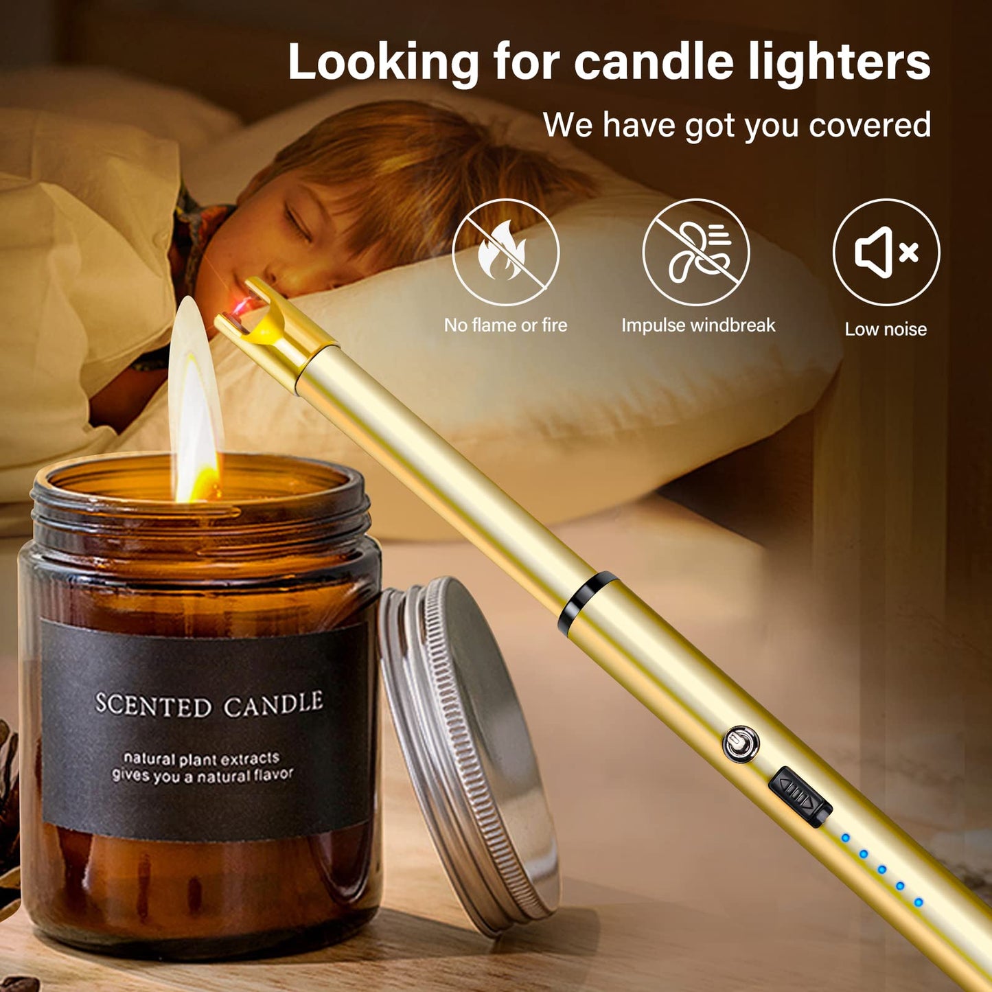 Navpeak Electric Candle Lighter Windproof USB Rechargeable Flameless Long Neck Lighter for Candles Gas Stove Fireplace BBQ Kitchen Grills (Gold)