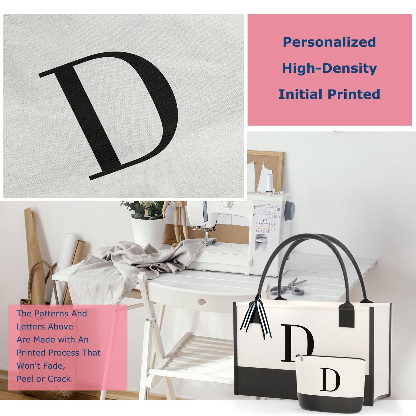 OATALY Monogrammed Canvas Tote Bag with Zipper Pockets - Ideal Gift for Mom, Teacher, Sister