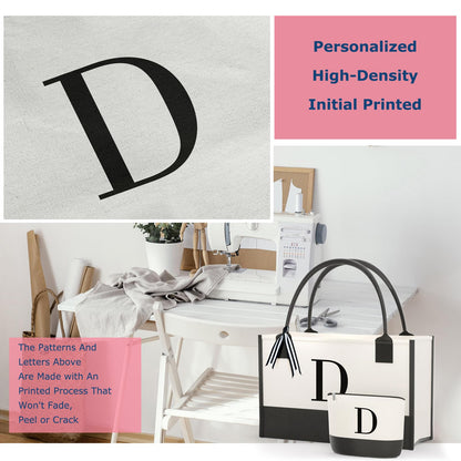 OATALY Monogrammed Canvas Tote Bag with Zipper Pockets - Ideal Gift for Mom, Teacher, Sister
