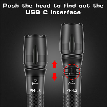 PHIXTON Rechargeable Flashlights High Lumens, USB C Chargeable LED Flashlight, Bright Strong Handheld Flash Lights, Long Lasting, Adjustable Focus, 5 Modes, for Emergencies Hiking Gift