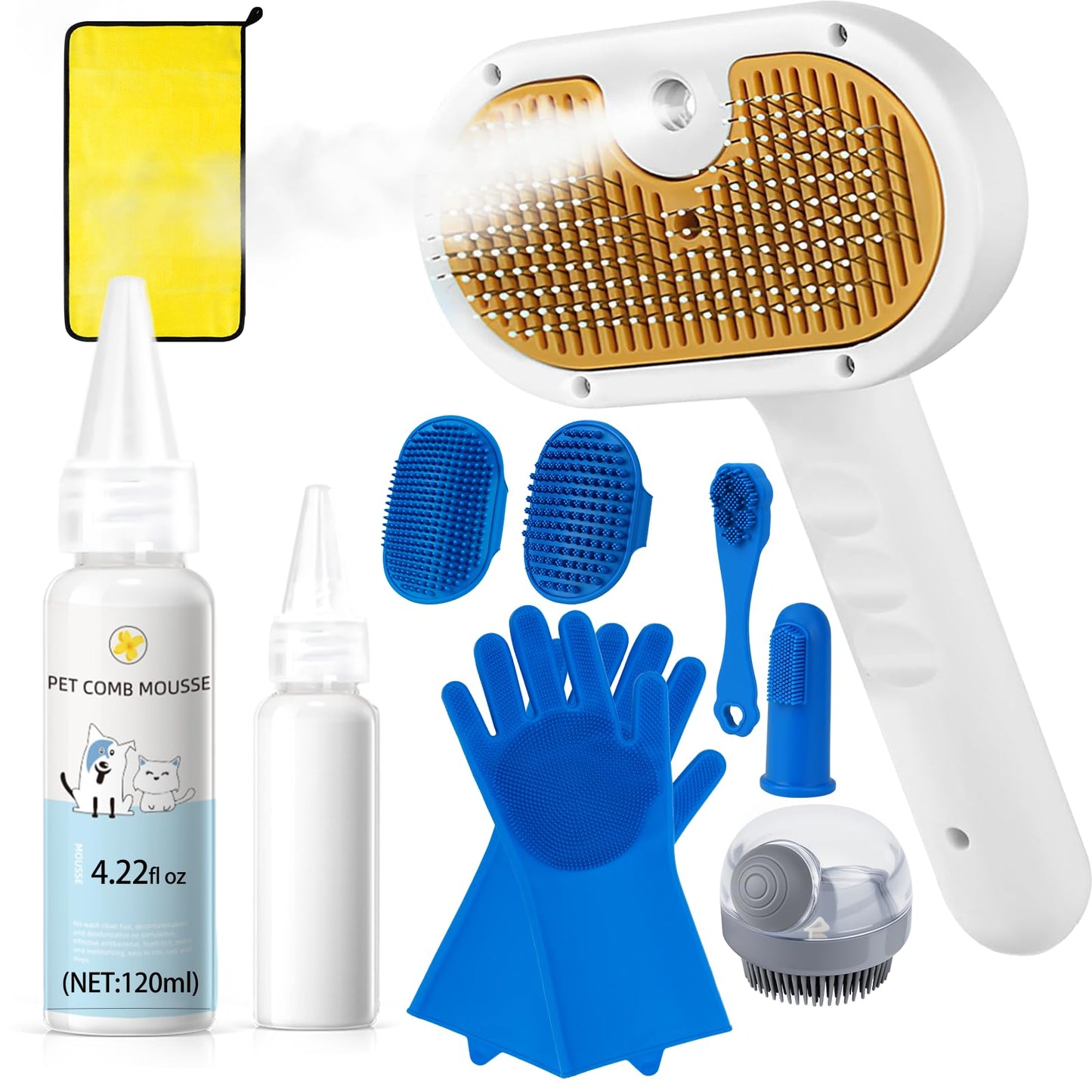 Pet Steam Brush for Dog & Cat – 3-in-1 Spray Hair Removal Comb for Shedding & Grooming Water-Free Shampoo, Bath Gloves,Bath Brush, Tooth & Ear Brush, Towel (10PCS)