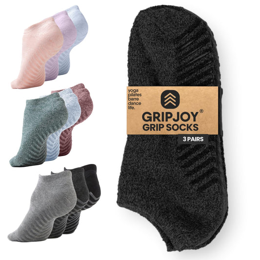 Gripjoy Grip Socks 3-Pack, Non Slip Socks for Yoga, Pilates, Barre, Dance, Enhanced Stability, Machine Washable, Comfortable Cotton Blend, Supports Charitable Causes