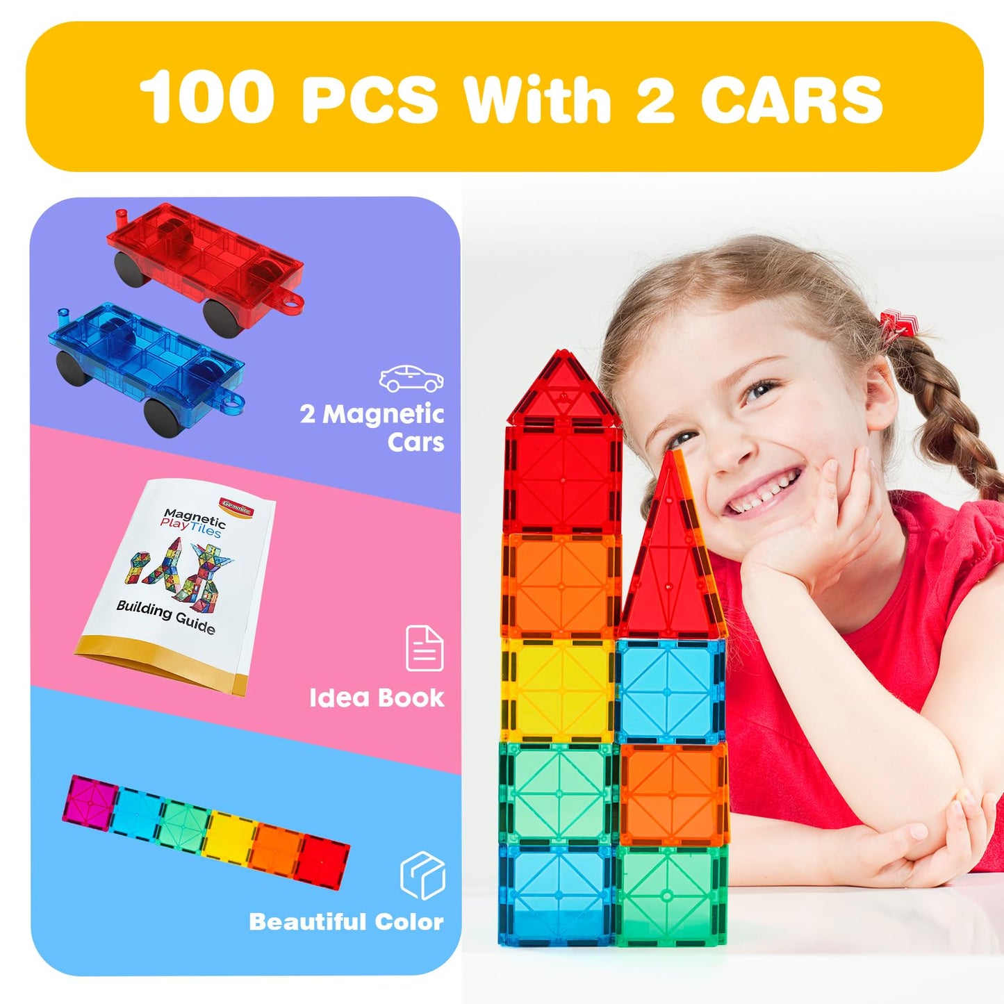 Gemmicc Magnetic Tiles 100 PCS with 2 Cars, STEM Approved Educational Magnet BuildingToys, Magnet Puzzles Stacking Blocks for Boys Girls