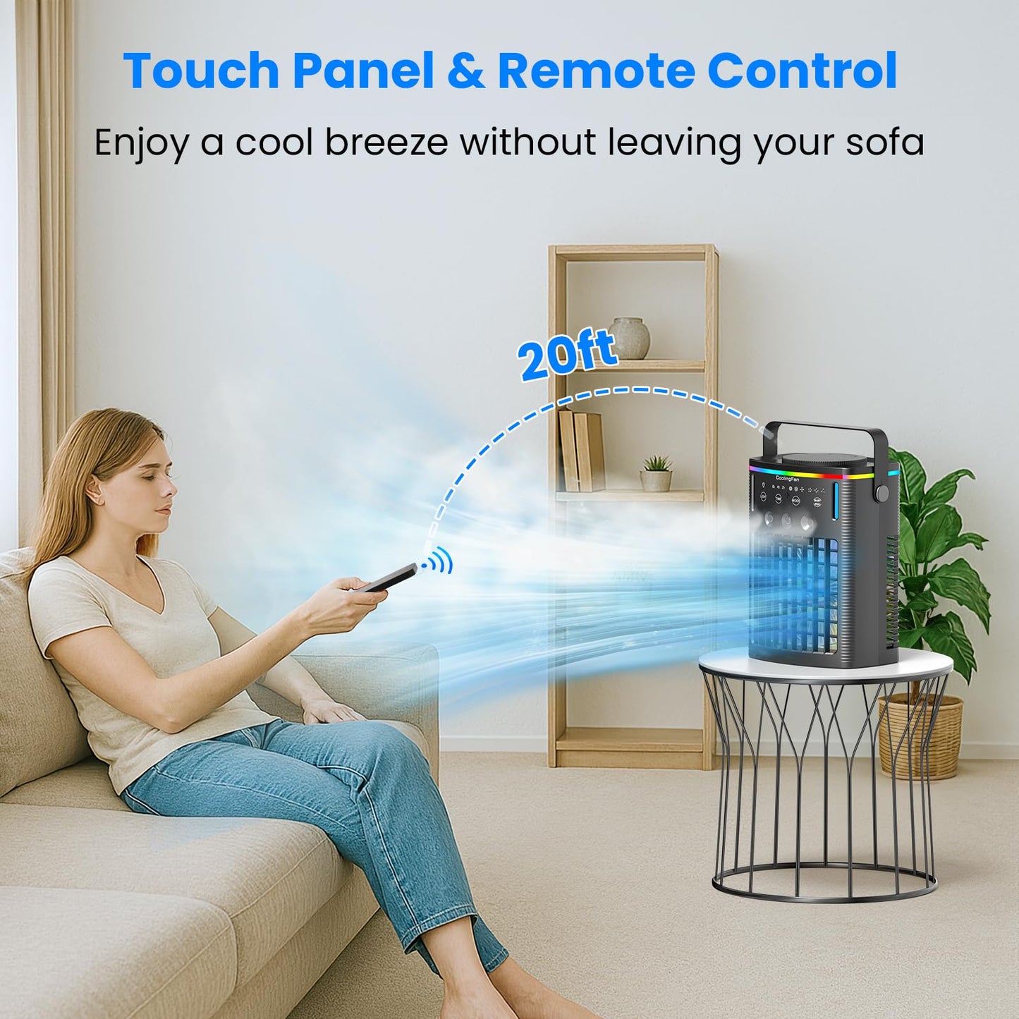 Portable Air Conditioners, Mini Air Conditioner Portable Cooling Fan with Remote Control, 3 Wind Speed & 3 Mist Level & 2-8H Timer & 7 LED Light Evaporative Air Cooler for Home Office Room, Black