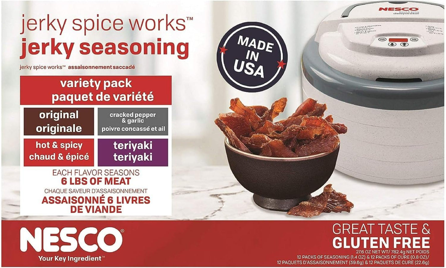 NESCO BJV-25, Jerky Seasoning Original, Hot-N-Spicy, Teriyaki, and Cracked Pepper Flavors, 12 count