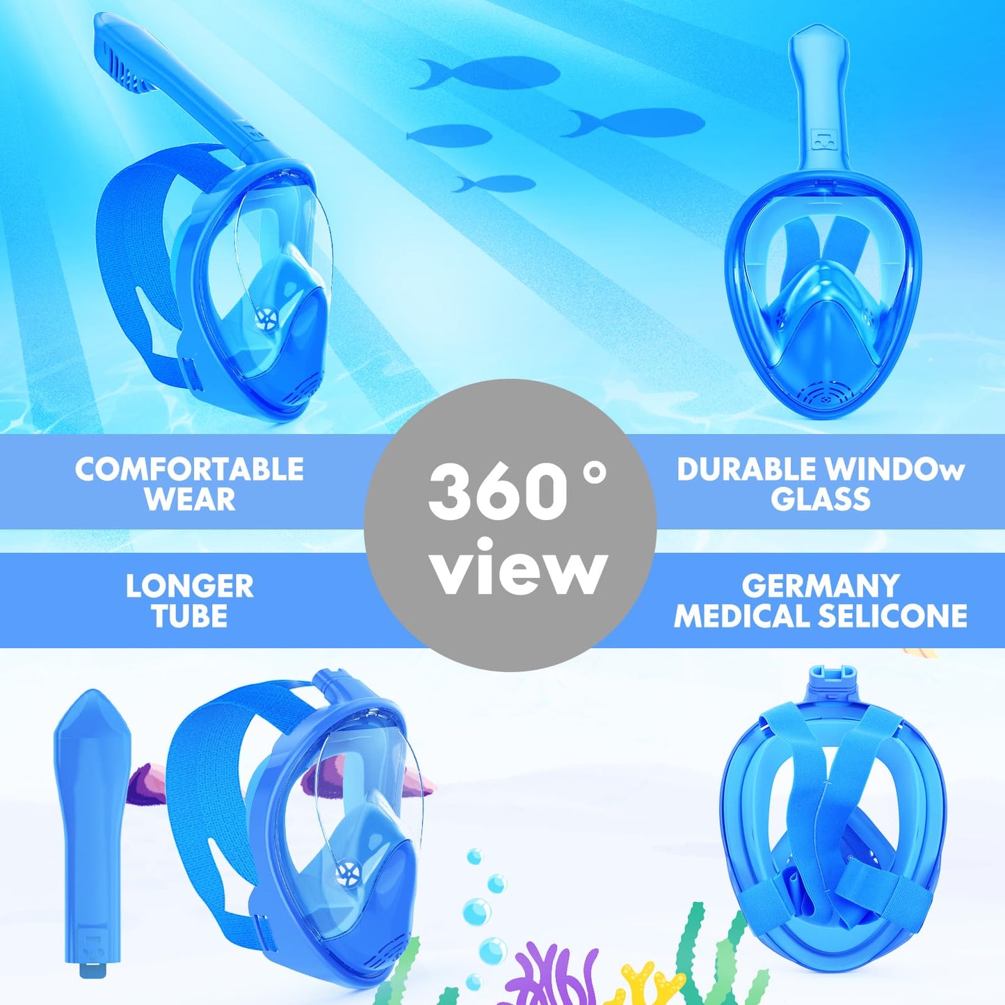Kids Snorkel Mask Full Face, Snorkeling Gear for Kids 2-14 with Camera Mount, 180 Degree Panoramic View Snorkeling Set Anti-Fog Anti-Leak (Blue Pink)