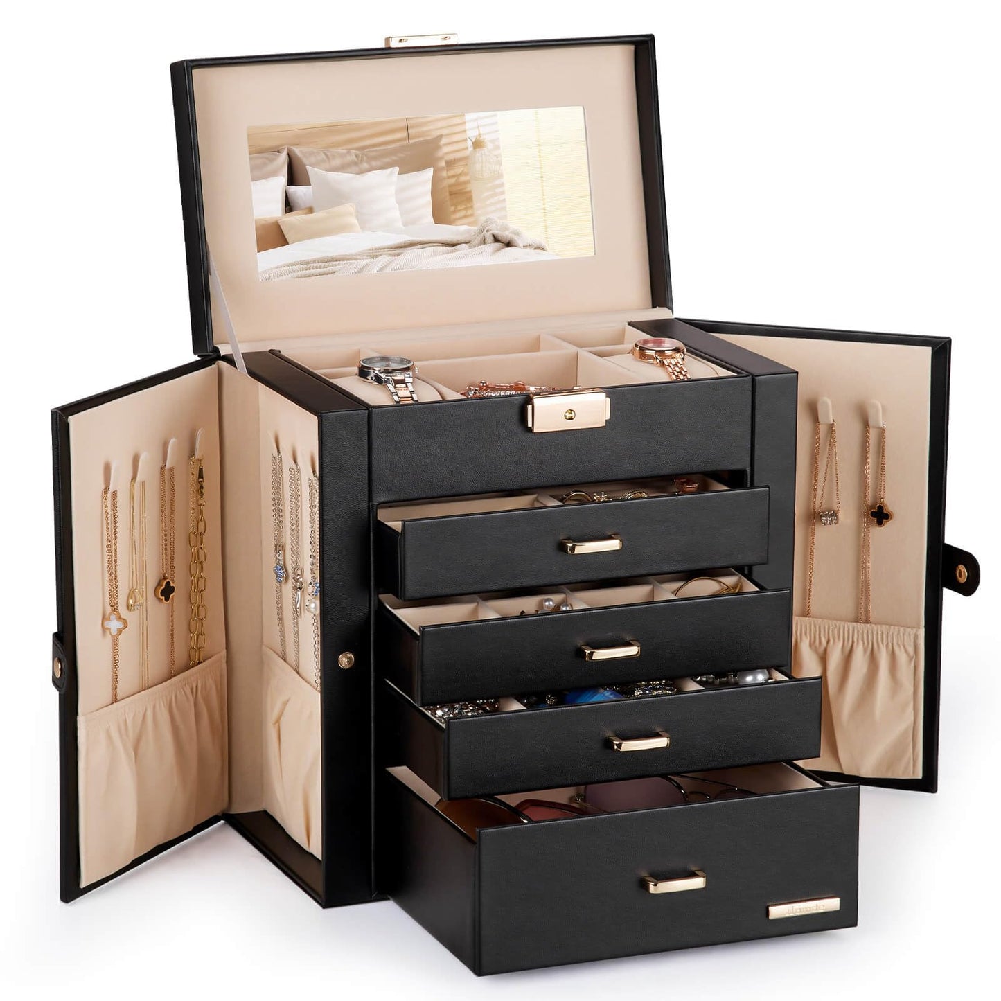 Homde Synthetic Leather Huge Jewelry Box Mirrored Watch Organizer Necklace Ring Earring Storage Lockable Gift Case (Black + Gold)