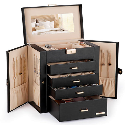 Homde Synthetic Leather Huge Jewelry Box Mirrored Watch Organizer Necklace Ring Earring Storage Lockable Gift Case (Black + Gold)