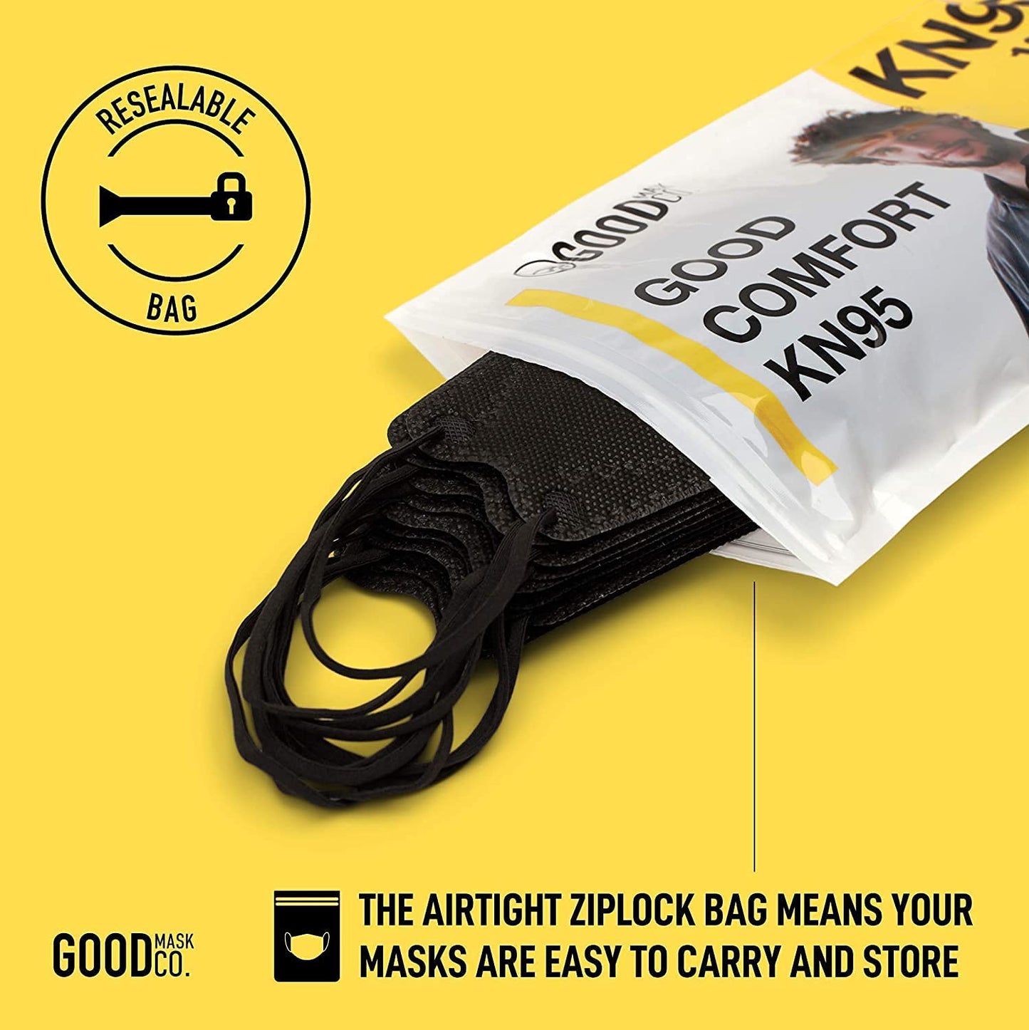 Good Mask Co. Good Comfort KN95 Face Mask, Disposable, Folding, Comfortable, Bulk (25 Pack, Black)