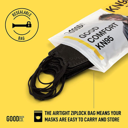 Good Mask Co. Good Comfort KN95 Face Mask, Disposable, Folding, Comfortable, Bulk (25 Pack, Black)
