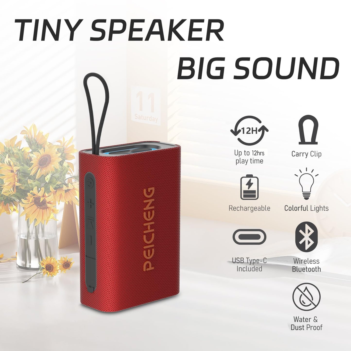 PEICHENG Speaker, Portable Wireless Bluetooth Speakers, Waterproof Loud Stereo Sound with RGB Lights TWS Long Playtime for Home/Party/Outdoor, Electronic Gadgets(1PCS, Red)