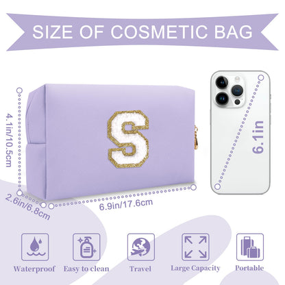 Personalized Makeup Bag Initial A-Z Preppy Patch Bag,Small PU Leather Travel Cosmetic Bag Pouch with Zipper,Purple Cute Toiletry Bag,Gift Ideal for Teen Girls Women Birthday Friend Mom,Latter S