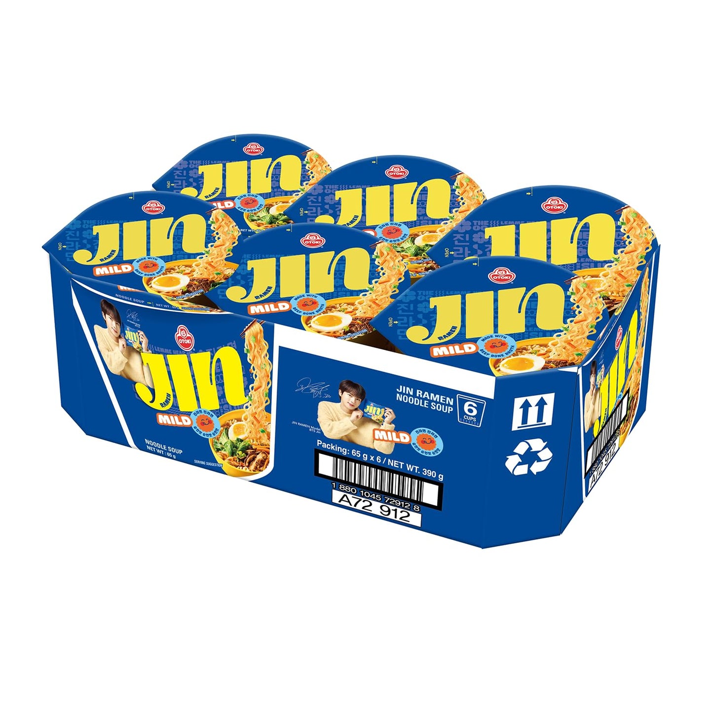 OTOKI Jin Ramen Mild, KOREAN STYLE INSTANT CUP NOODLE, Best Tasting Soup and noodles, Traditional Instant ramen noodles (65g) - 6 Pack