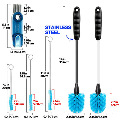 Holikme 6 Pack Brush Set, 14" Long Handle Stainless Steel Cleaner, 3 Straw Brushes, 3-in-1 Cleaning Brush for Water and Baby Bottles, Straws - Blue