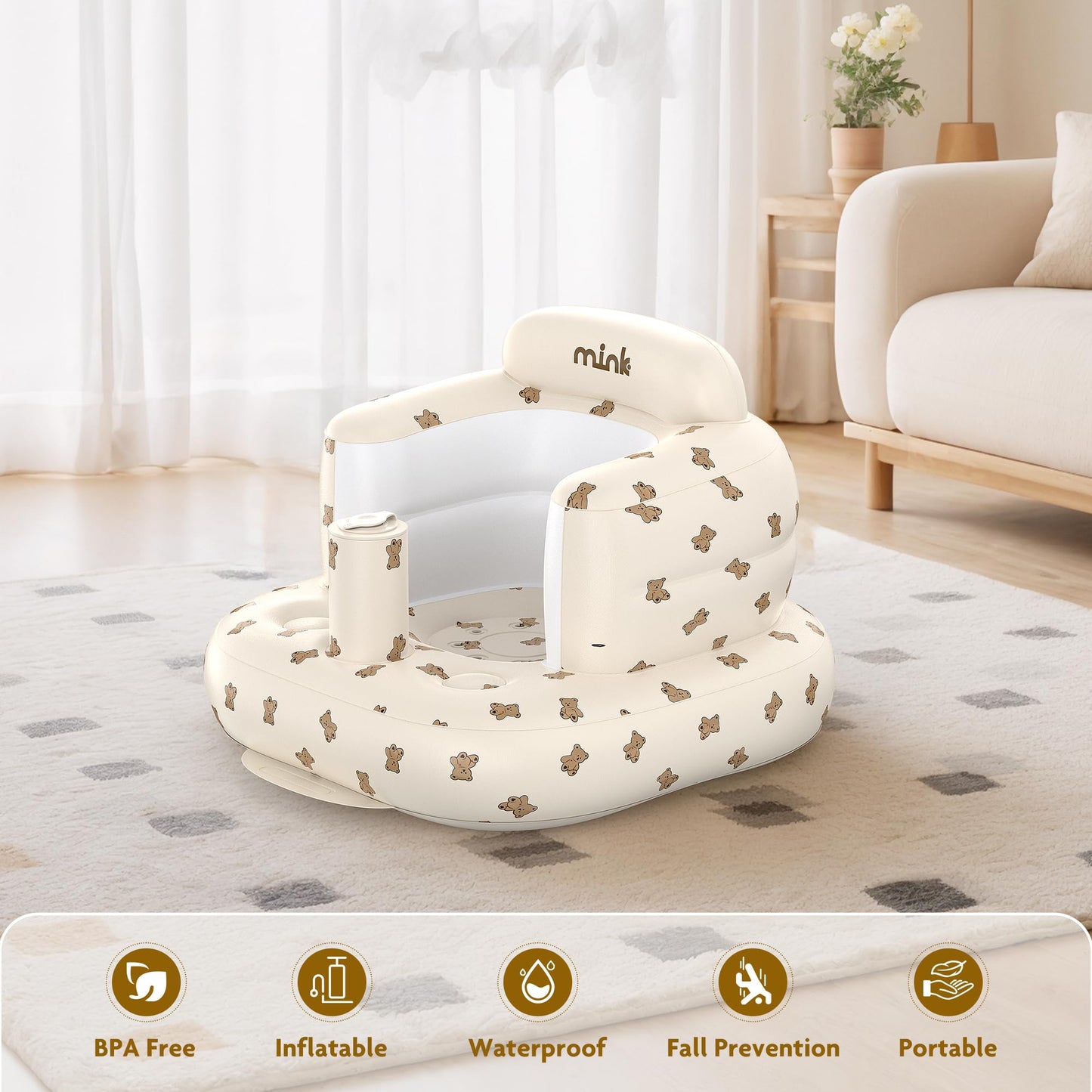 Mink Inflatable Baby Seat for Babies 3+ Months,Infant Floor Seats for Sitting Up,Portable Blow Up Baby Chair with Built in Air Pump, Ideal for Sitting Up and Learning to Play (Bear Cub)