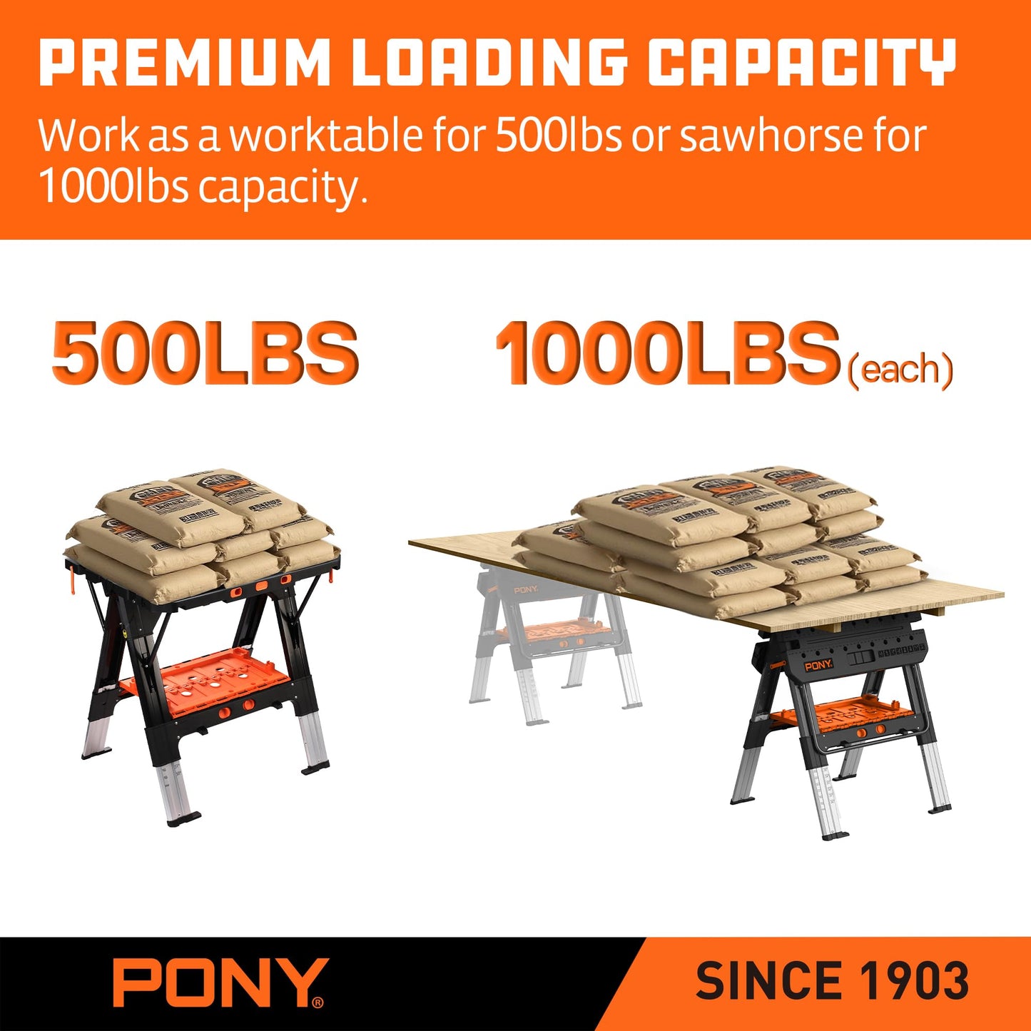 Pony Portable Folding Work Table, 2-in-1 as Sawhorse & Workbench, 31” W×25” D×25”-35”H, Large Load Capacity with 4pcs Clamps, 4pcs Bench Dogs