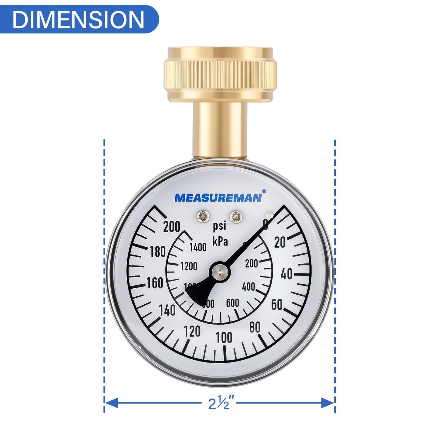 MEASUREMAN 0-200 PSI Water Pressure Gauge, 2-1/2'' Dial, Hose bib Pressure Gauge, Home Water Pressure Tester, Durable 3/4” Hose Thread, Water Pressure Gauge for Home