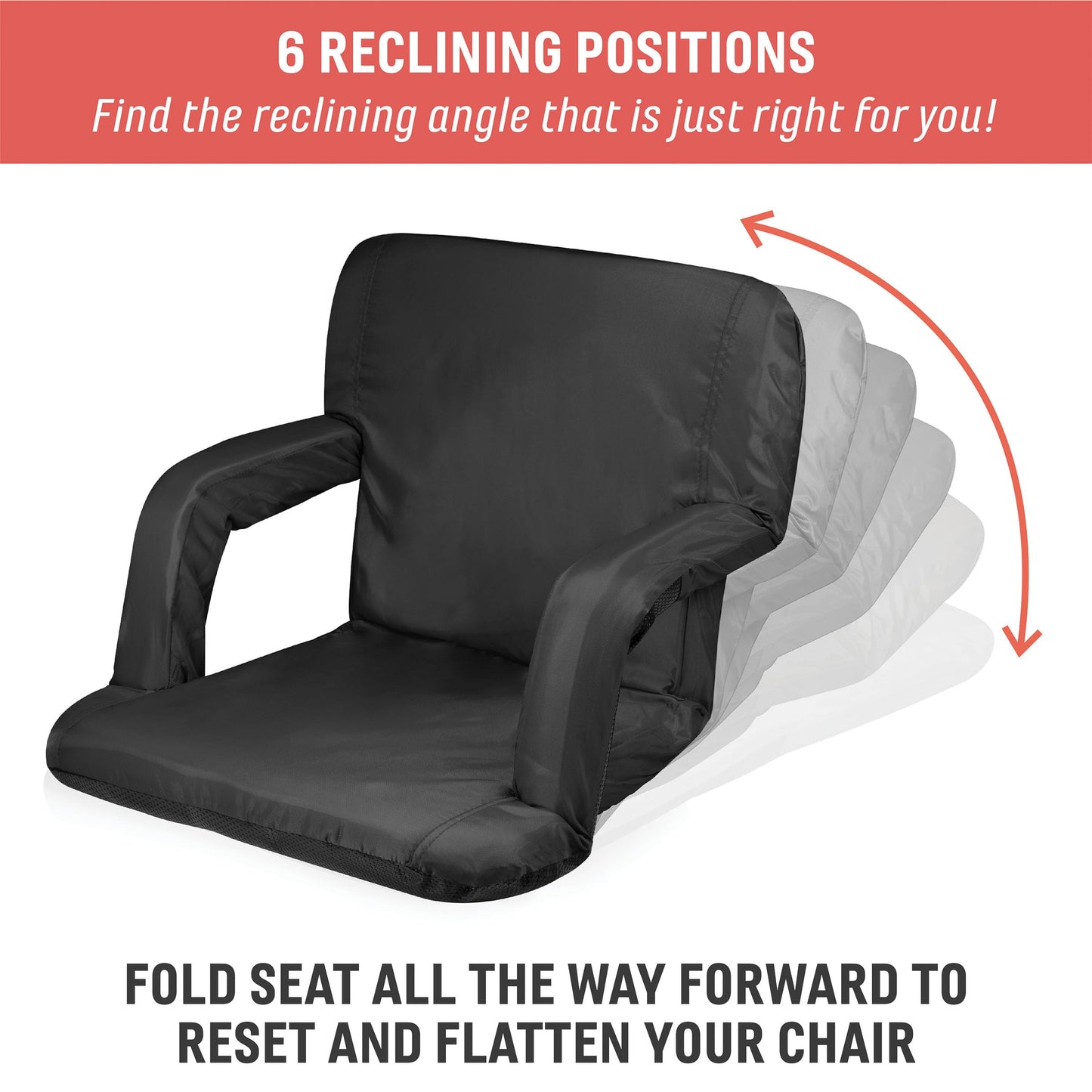 PICNIC TIME Ventura Portable Reclining Stadium Seat with Back Support, Folding Bleacher Chairs with Back and Cushion, Thick Padded Stadium Seat and Armrest, Includes Six Backrest Positions, (Black)