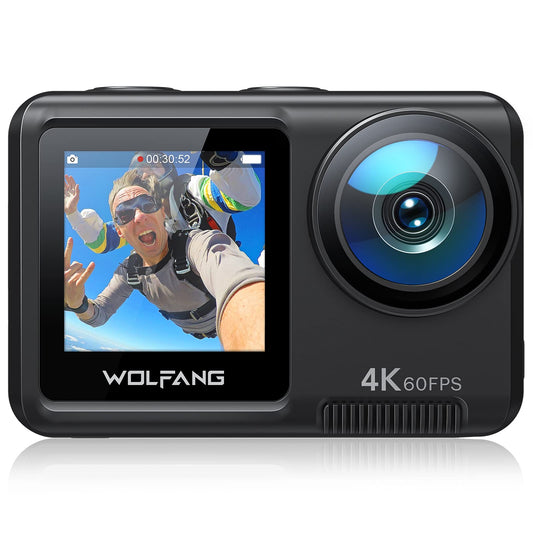 WOLFANG GA420 Action Camera 4K 60FPS 24MP WiFi Waterproof Underwater Camera 3.0 EIS Stabilization 8X Zoom Helmet Camera (External Microphone, Remote Control, 2x1350mAh Batteries and Accessory Kit)