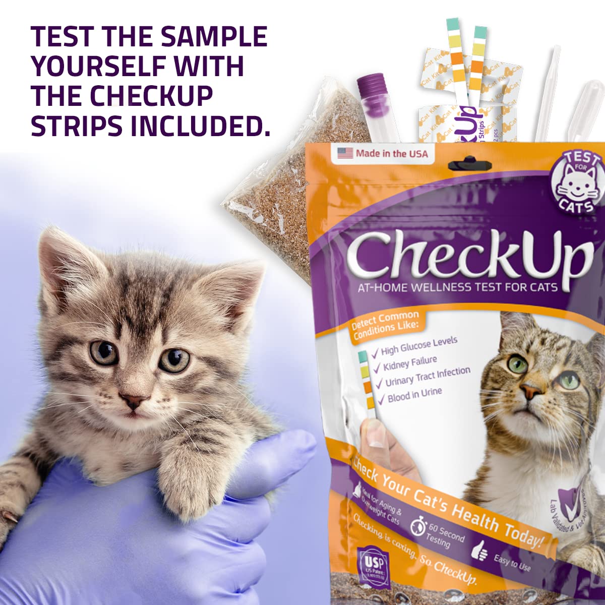 KIT4CAT CheckUp at Home Cat Wellness Test Kit | 2lb Hydrophobic Litter keeps urine on top, 2 Test Strips for The Detection of The 4 Most Common Health Indicators - pH, Protein, Glucose, Blood in urine