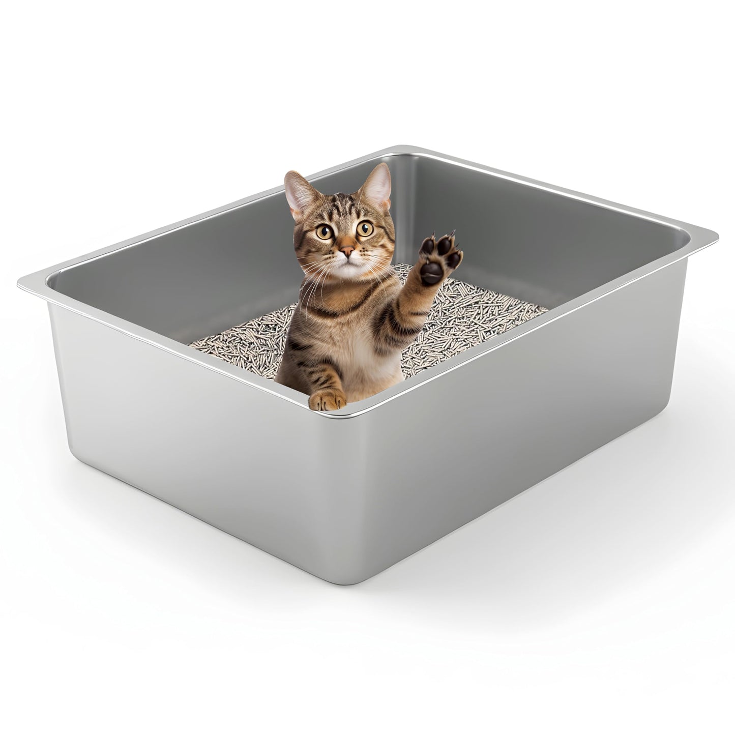 Kirecoo Stainless Steel Cat Litter Box - Metal High Sided Cat Pan, Large Stainless Steel Box, Indoor Litter Tray, Non Stick, No Smell, Easy to Clean, Pet Toilet Supplies for Kitten, Kitty, Rabbit
