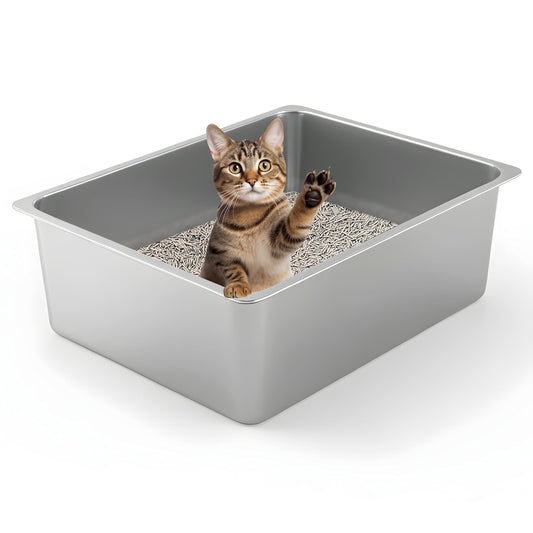 Kirecoo Stainless Steel Cat Litter Box - Metal High Sided Cat Pan, Large Stainless Steel Box, Indoor Litter Tray, Non Stick, No Smell, Easy to Clean, Pet Toilet Supplies for Kitten, Kitty, Rabbit