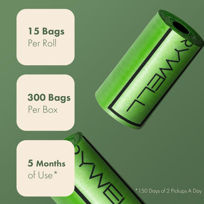 (Not Made In China) Dog Poop Bag Rolls, 300 Count, Biodegradable, Leak Proof and Extra Thick Bags For Dogs and Cats, Unscented and Earth Friendly Waste and Doggy Litter Bag Refill Roll