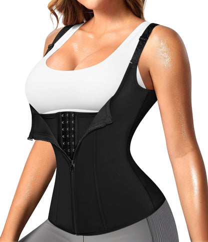 Nebility Women Waist Trainer Corset Zipper Vest Body Shaper Cincher Tank Top with Adjustable Straps (L, Black)