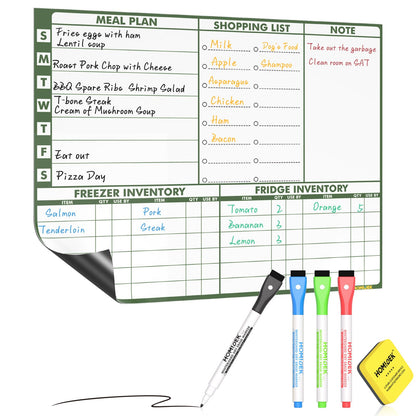 Magnetic Meal Planner Menu Board: Reusable Dry Erase Family Planning Board with Grocery List & Fridge Freezer Inventory List for Refrigerator, Dry Erase Markers and Eraser Included - 14x11 Inches