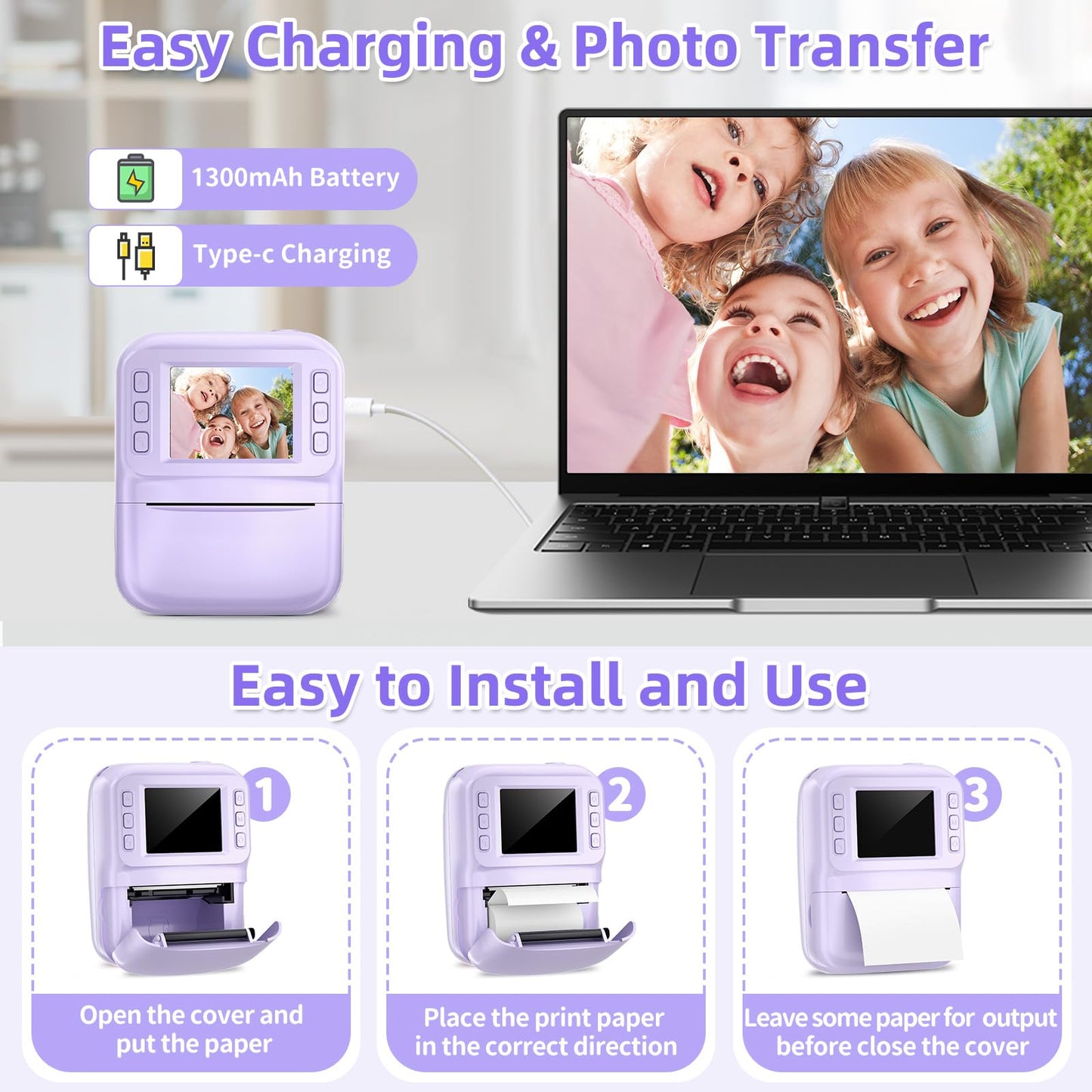 MINIBEAR Kids Camera Instant Print, Instant Print Camera for Kids Digital Camera Toddler Toys Christmas Birthday Gifts for 3 4 5 6 7 8 9 10 Year Old Boys Girls Video Camera with Print Paper, Purple