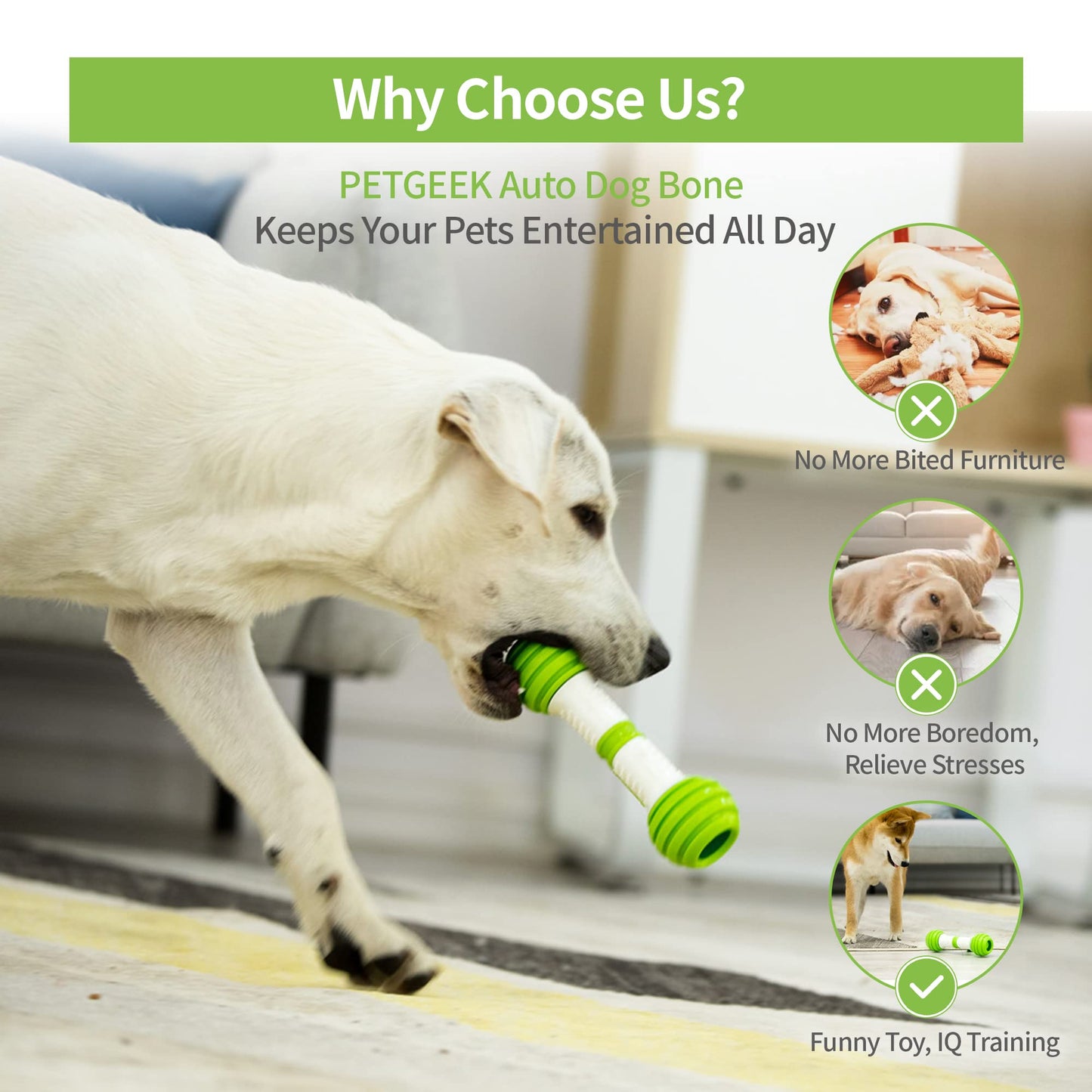 PETGEEK Interactive Dog Bone Toy, Automatic Dog Chase Toy, Electronic Pet Toys for Medium/Large Dog Boredom, USB Rechargeable Safe Material, Green Color