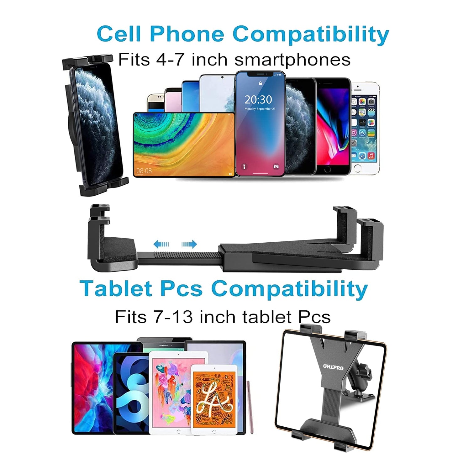 OHLPRO Heavy Duty Drill Base Tablet Holder Car Mount Dashboard for iPad/iPad mini Samsung Galaxy (All 7" - 11.5") Tablets, ipad Mount for Desks,Cars, Great for Wall, Truck, Commercial Vehicles Dash