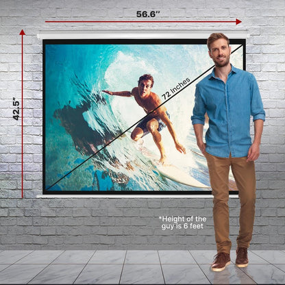Pyle Manual Pull-Down Projector Screen - Universal 72-inch Roll-Down Retractable Manual Projection Screen w/ Auto-Locking, Adjustable Screen Height, Black Masking Border - 42.5" x 56.6" PRJSM7206