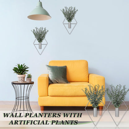 Jexine Hanging Planters with Artificial Eucalyptus Metal Hanging Vase Indoor Plants Holder Modern Geometric Boho Bathroom Wall Decor for Living Room Home Office(Chrome Sliver,4 Pcs)