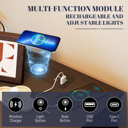 LVSOMT Black Nights Stand with Gun Drawer, Bedroom LED Nightstand with Charging Station, Bedside Table with Metal Legs, Wood Sofa Couch End Side Table