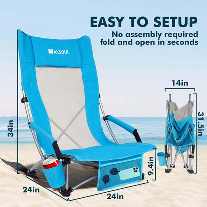 High Back Folding Beach Chair: 2 Pack Packable Lightweight Chairs Comfortable Foldable High Low Profile Sand Chair Set with Cup Holder for Adult Outdoor Concerts Lawn Camp Picnic