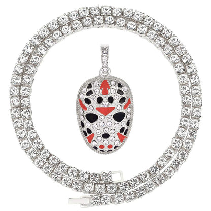 HH BLING EMPIRE 14k Gold Silver Plated Hip Hop Rapper Pendant Chain Necklace for Men, Iced Out Diamond Jason Mask Pendant with 5mm Tennis Chains 22 Inch (Jason Mask-Silver,& Tennis)